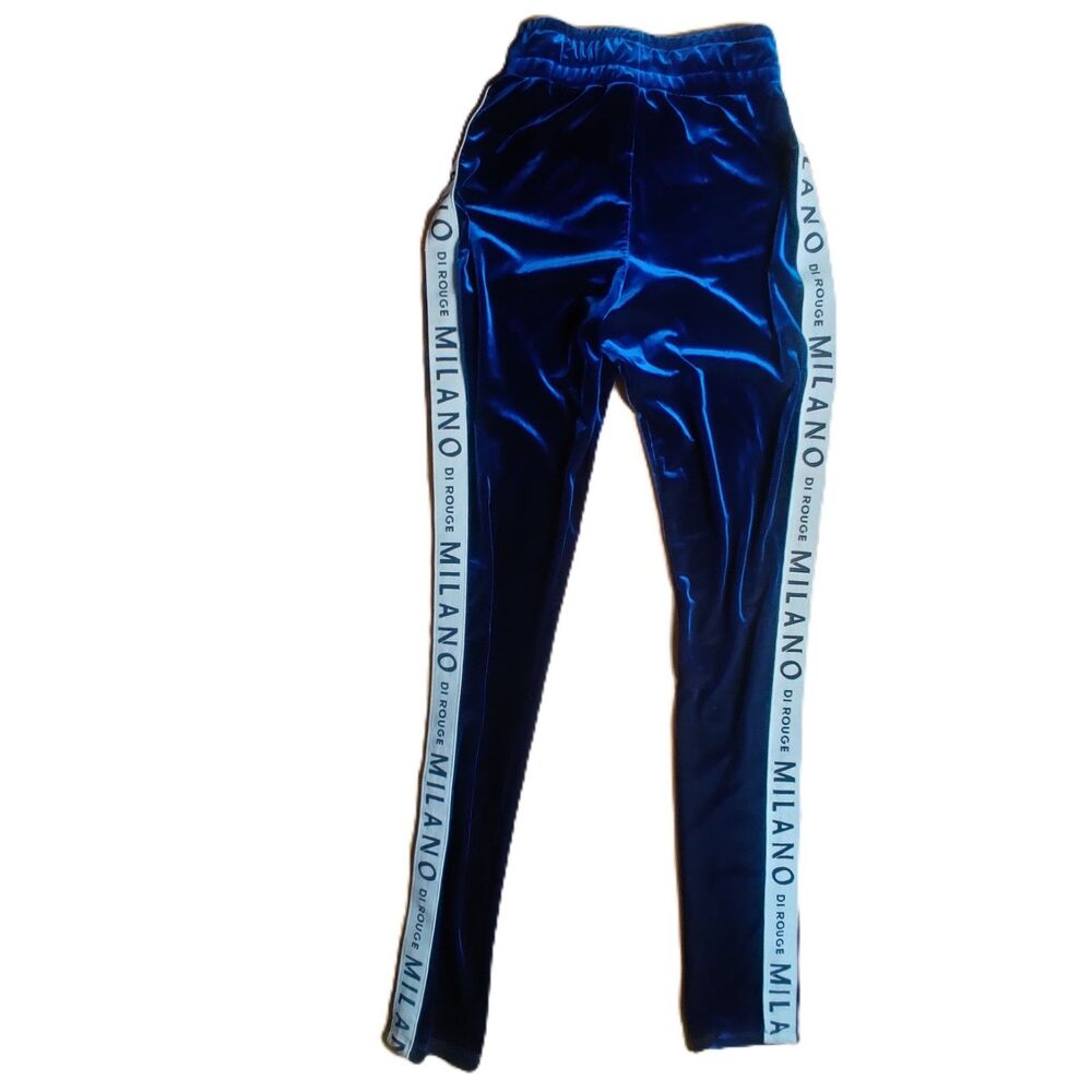 Milano Di Rouge Velvet Track Pants Blue Logo Tape Side Stripe Size M - Picture 2 of 5